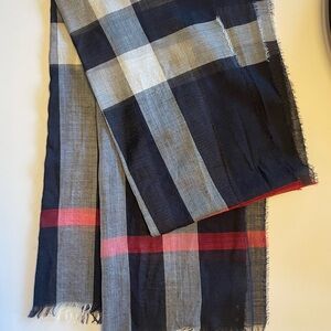 Navy blue plaid Scarf with Red and white Accents - gauze material